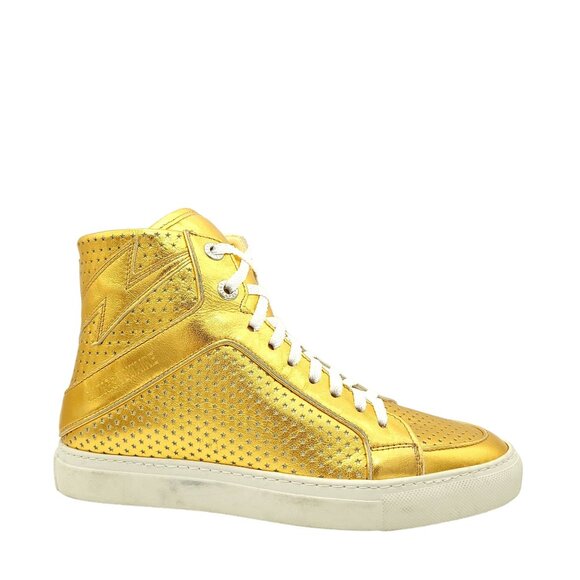 NEW Zadig & Voltaire High Falsh Sneaker Women 8 Shiny Metallic Gold Disco Retro - Picture 1 of 11